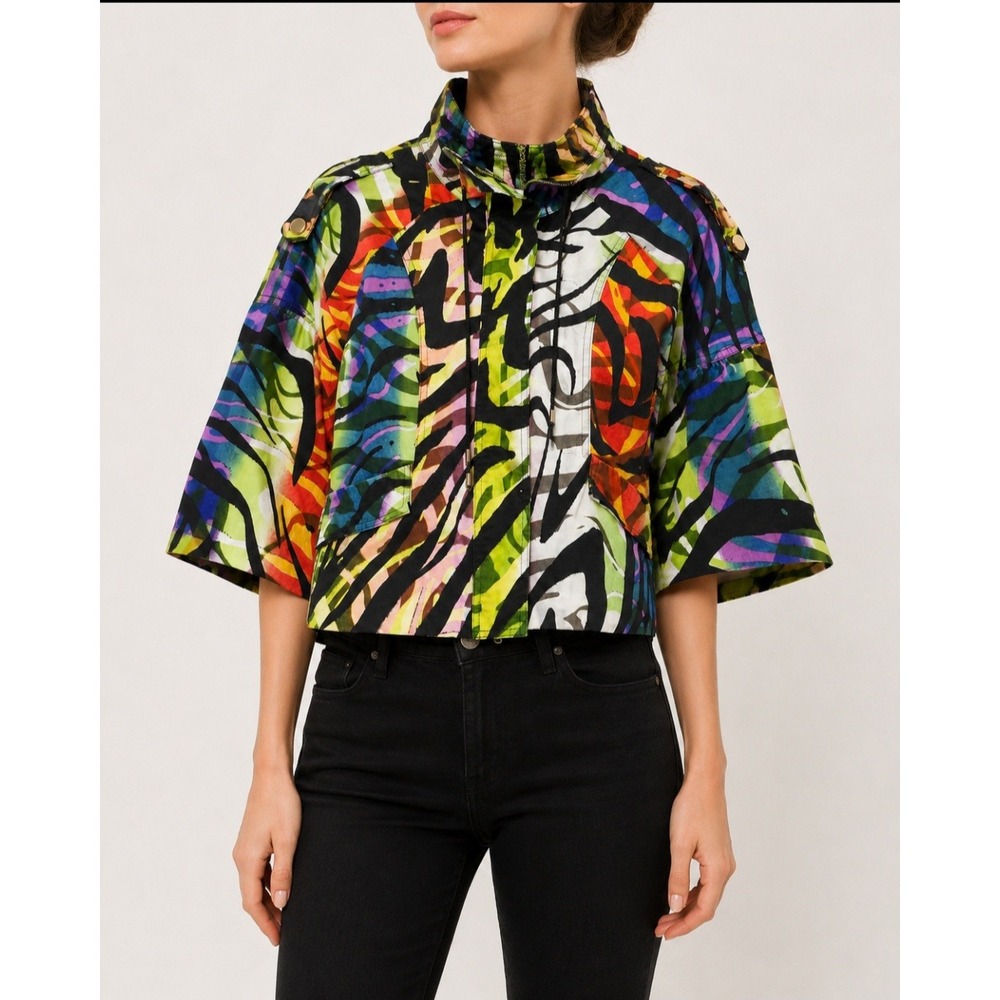 Just B Womens Multi Color Abstract Zebra Print Zip Up Jacket Size S Epaulettes
